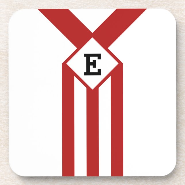 Red Stripes and Chevrons with Monogram on White Coaster (Front)