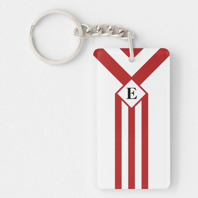 Red Stripes and Chevrons with Monogram on White Key Ring (Front)
