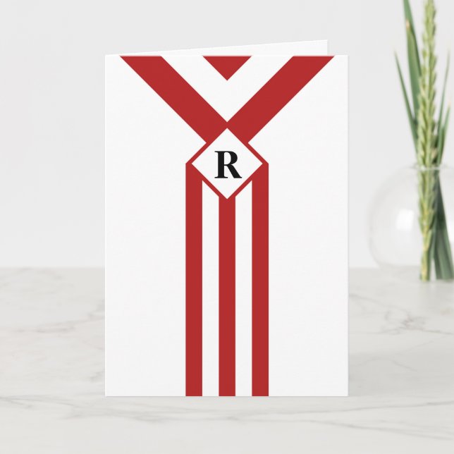 Red Stripes and Chevrons with Monogram on White Thank You Card (Front)