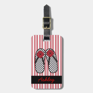 Red Stripes & Black Polka Dot Floral Flip Flops Luggage Tag