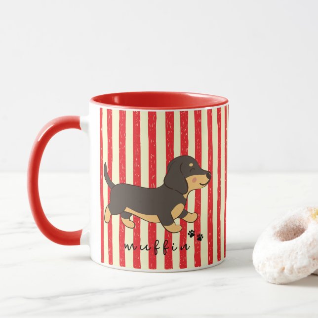 Red Stripes Black Tan Dachshund Name  Mug (With Donut)