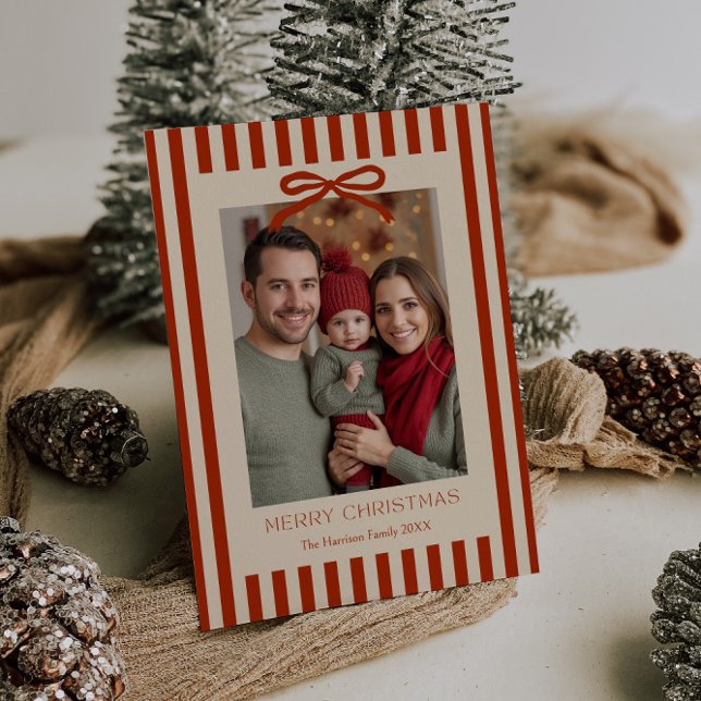 Red Stripes Bow Customisable  Holiday Card (Creator Uploaded)