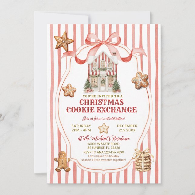 Red Stripes Bow Gingerbread House Cookies Exchange Invitation (Front)