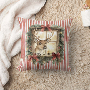 Red Stripes Bows Christmas Deer in Window Cushion
