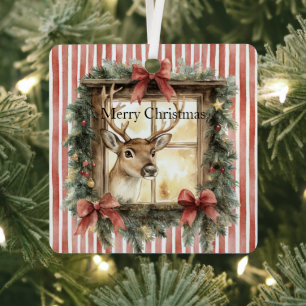 Red Stripes Bows Christmas Deer in Window Metal Tree Decoration