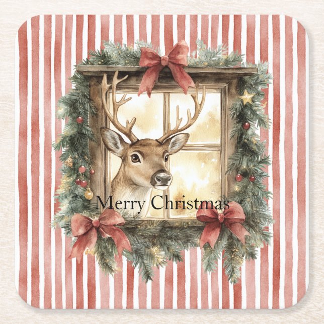 Red Stripes Bows Christmas Deer in Window Square Paper Coaster (Front)