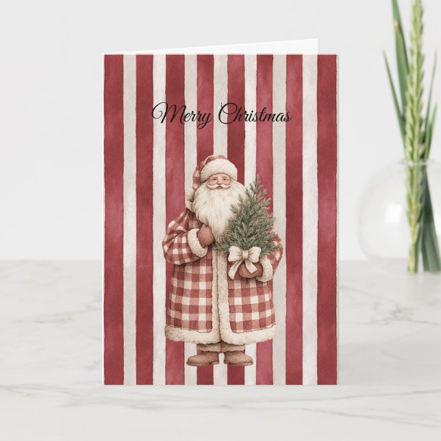 Red Stripes Christmas Santa with Tree Card (Front)