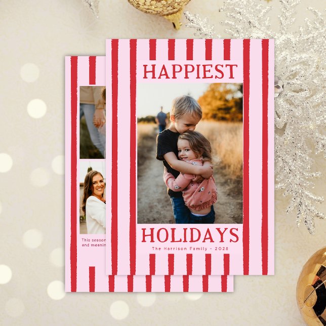 Red Stripes Cute Multi Photo Flat Holiday Card (Creator Uploaded)