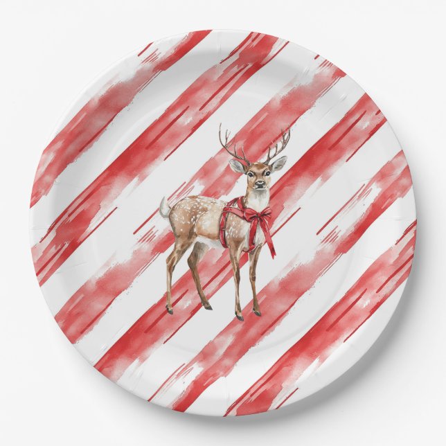 Red Stripes Deer Christmas Pillar Candle Paper Plate (Front)