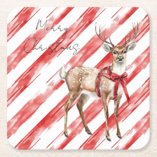 Red Stripes Deer Christmas Pillar Candle Square Paper Coaster