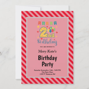 Red Stripes Framed 2nd Birthday Party Invitation