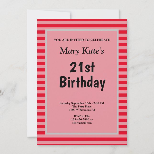Red Stripes Framed Birthday Party Invitation (Front)