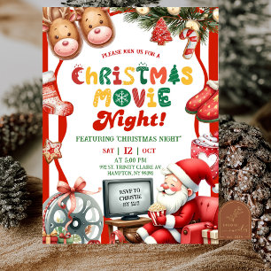 Red Stripes Fun Retro Christmas Movie Night Party Invitation