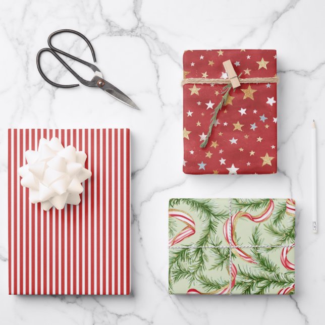Red Stripes Green Ribbons Gold Stars Christmas Wrapping Paper Sheet (Front)