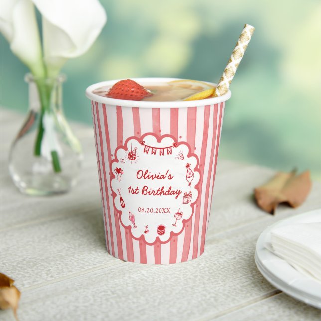 Red Stripes Hand Drawn Birthday Party Paper Cups (Insitu)