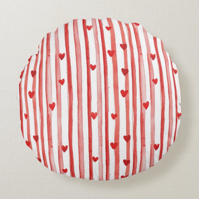 Red Stripes & Hearts Round Cushion (Front)