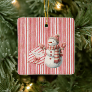 Red Stripes Jolly Christmas Snowman Ceramic Ornament