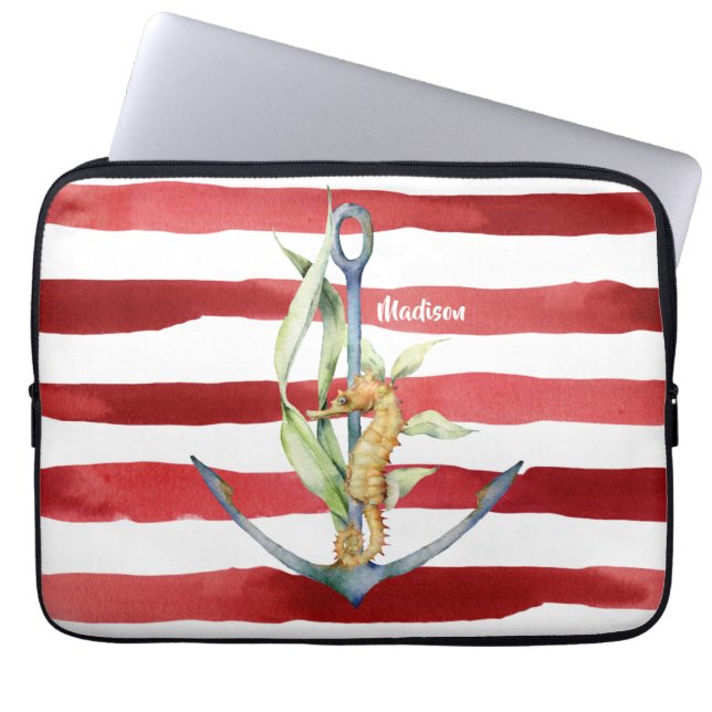 Red Stripes Nautical Anchor and Seahorse with Name Laptop Sleeve (Front)