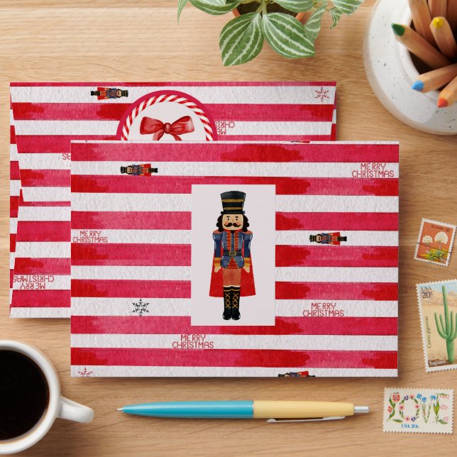 Red Stripes, Nutcracker & Bow Christmas Envelopes (Desk)