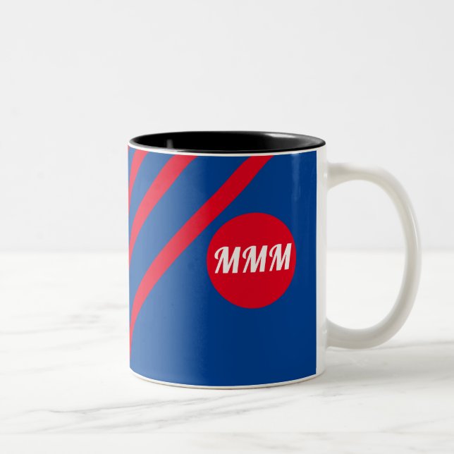 Red Stripes on Blue Monogram  Two-Tone Coffee Mug (Right)