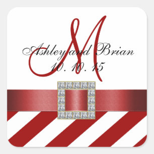 Red Stripes Ribbon Monogram Wedding Favour Label