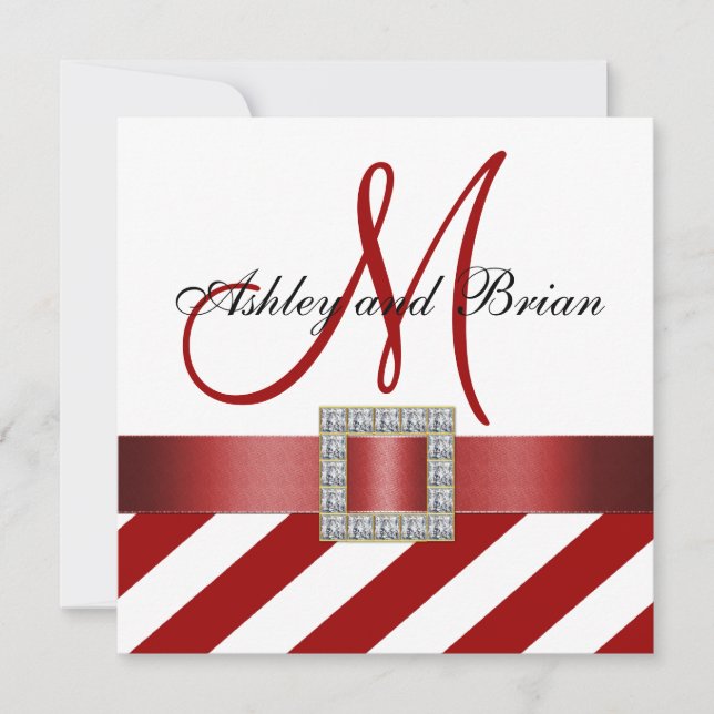 Red Stripes, Ribbon, Monogram Wedding Invitation (Front)