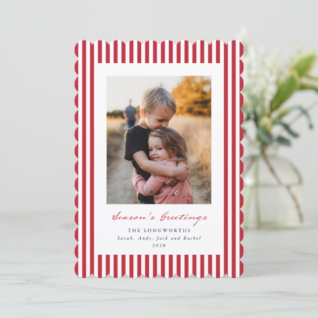 Red Stripes Season's Greetings Flat Photo Holiday Card (Standing Front)