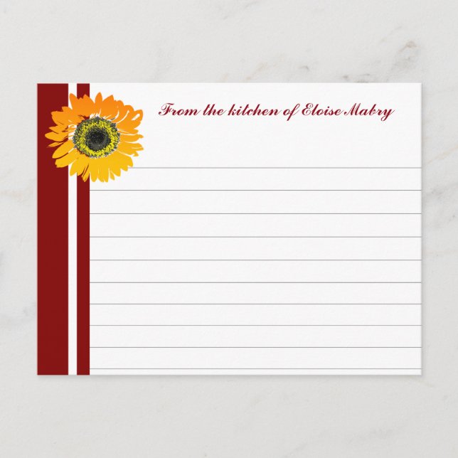 Red Stripes Sunflower Personalised Recipe Cards (Front)