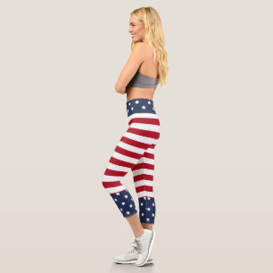 Red Stripes with Blue and White Star Waist Capri Leggings