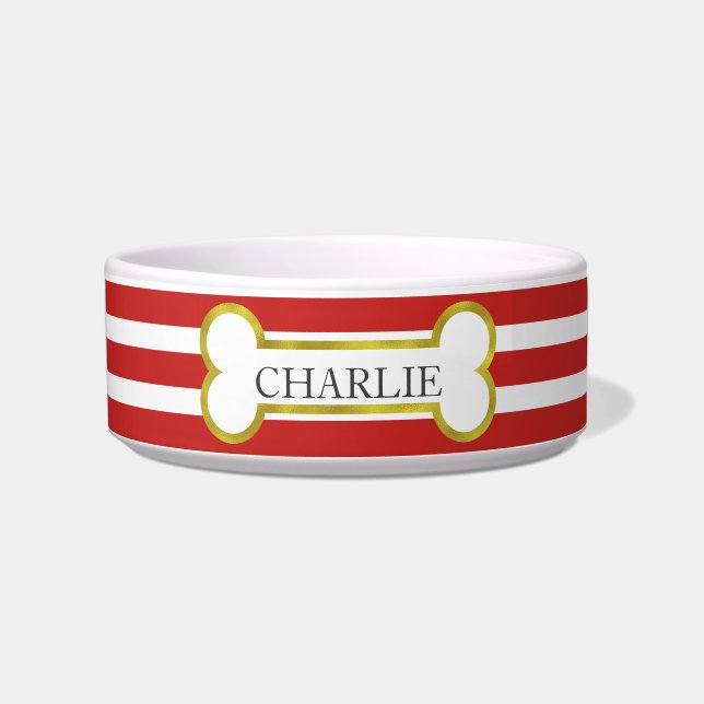 Red Stripes with Gold Bone Personalised Pet Bowl (Front)