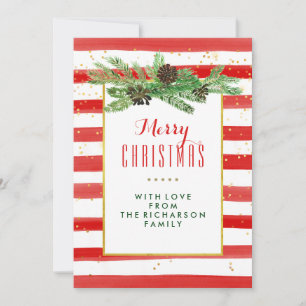 Red Stripes with Pine and Gold   Merry Christmas Holiday Card
