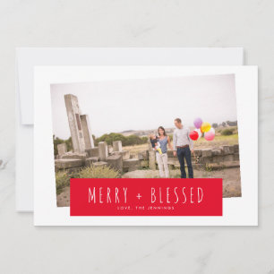 Red Stripy Block Merry & Blessed Photo Holiday Card