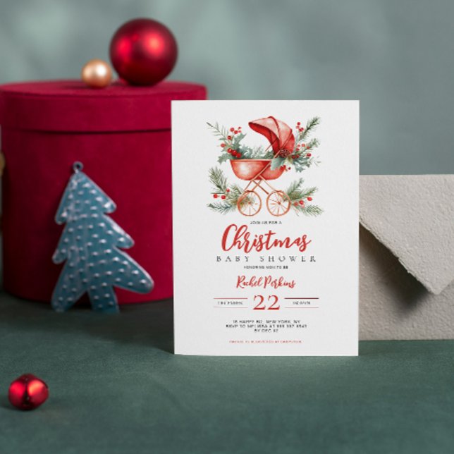  Red Stroller Watercolor Christmas Baby Shower Invitation (Creator Uploaded)