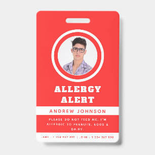 Red Student Photo Food Allergy Alert Emergency ID Badge