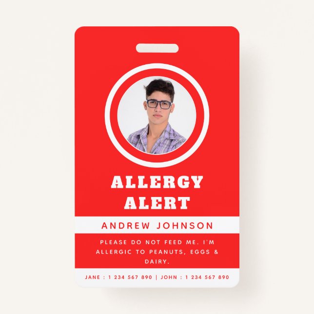 Red Student Photo Food Allergy Alert Emergency ID Badge (Front)