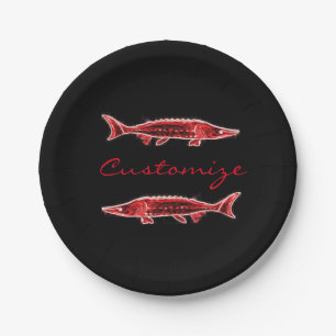 red sturgeon swimming paper plate