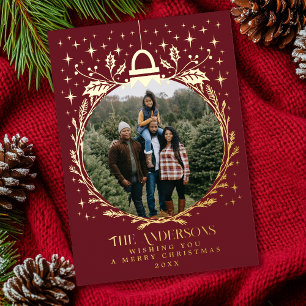 Red Stylish Christmas Foliage Ornament Photo Foil Holiday Card