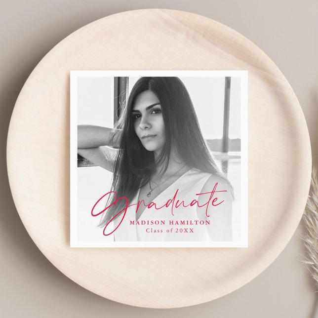 Red | Stylish Script Photo Graduation Napkin (Creator Uploaded)