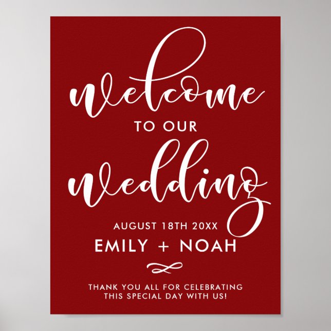 Red Stylish Script Welcome to Our Wedding Sign (Front)