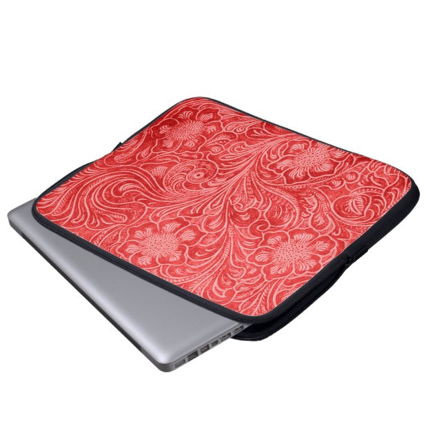 Red Suede Leather Look Embossed Flowers Laptop Sleeve (Front Bottom)