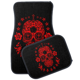 Red Sugar Skull and Cross with Fleur De Lis Car Mat