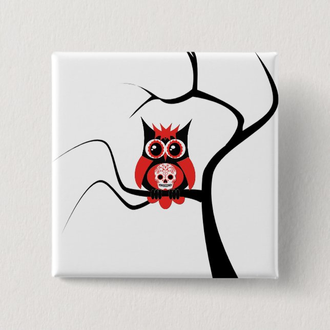 Red Sugar Skull Owl in Tree Button (Front)