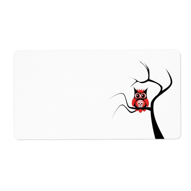 Red Sugar Skull Owl in Tree Label (Front)