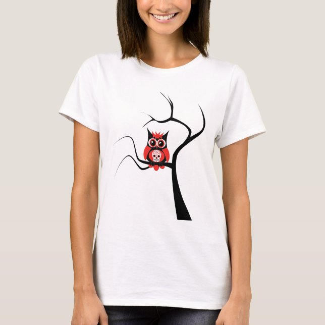 Red Sugar Skull Owl in Tree.png T-Shirt (Front)