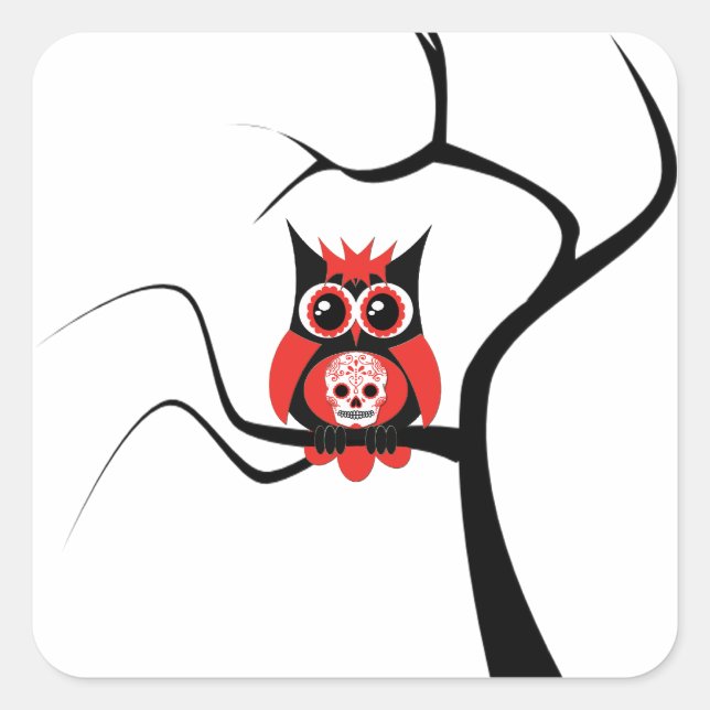 Red Sugar Skull Owl in Tree Sticker (Front)