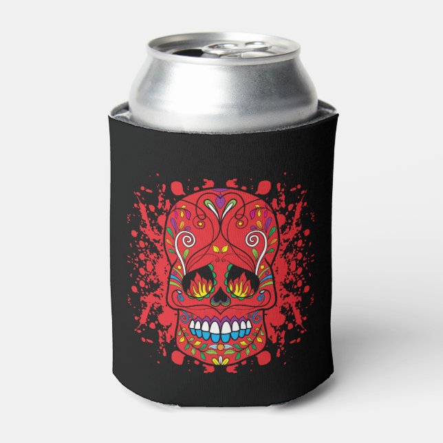 Red Sugar Skull Red Flame Eyes Paint Splash Can Cooler (Can Front)