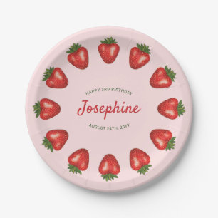 Red Summer Strawberries On Pink Birthday Paper Plate