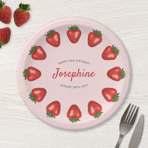 Red Summer Strawberries On Pink Birthday Paper Plate