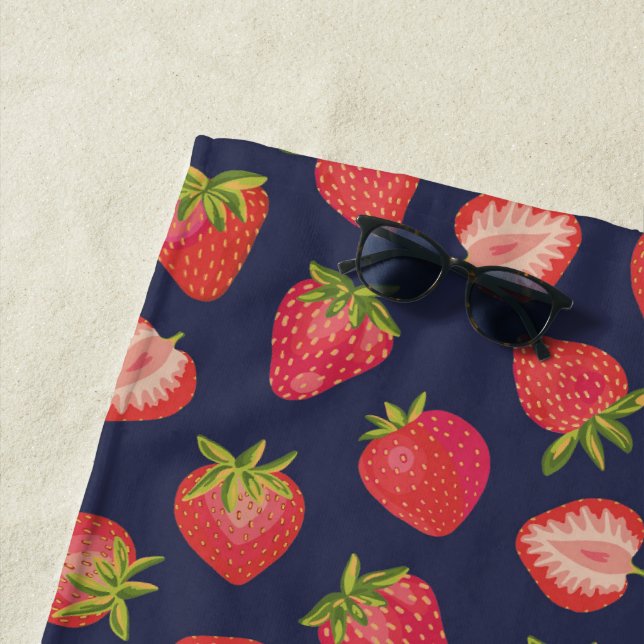 Red Summer Strawberry Fruit Dark Blue Beach Towel (In Situ)