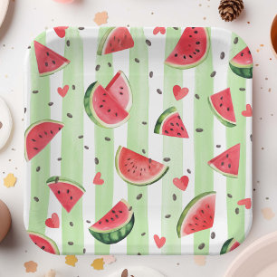 Red Summer Watermelon Fruit Themed Cute Girl Paper Plate